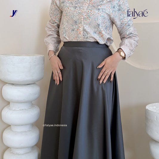 FALYAE - LUNA Rok Wanita Loose Maxi Fuji Skirt Dark Grey | Rok Kerja Korean Style | Flare Skirt Highwaist