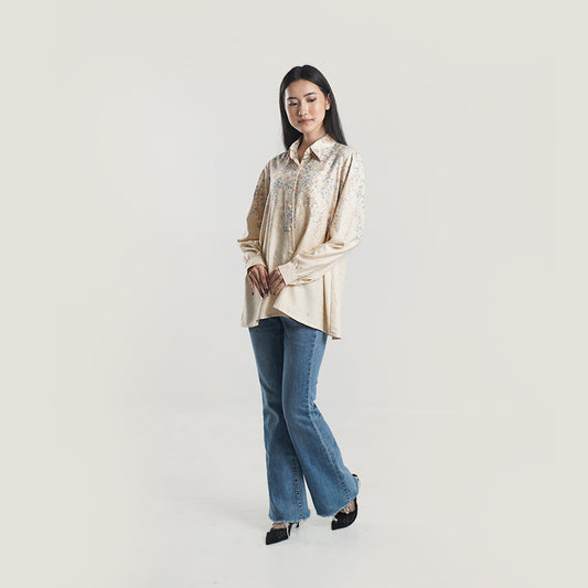 Nuna Shirt kemeja muslim premium wanita Yellow Full Badan tampak depan — siluet mengalir First Collection Falyae