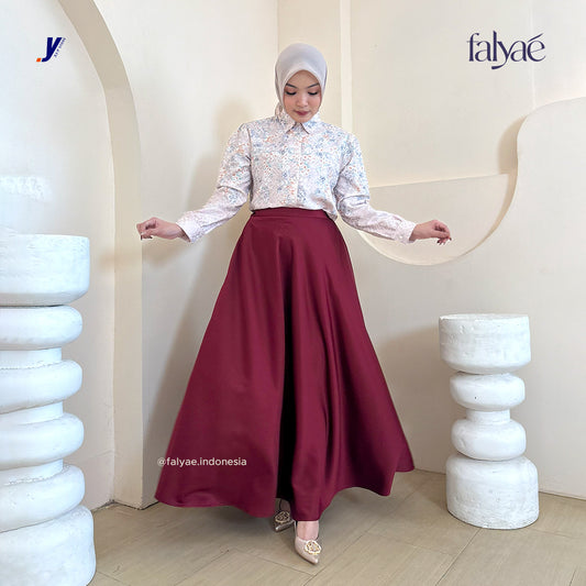 FALYAE - LUNA Rok Wanita Loose Maxi Fuji Skirt Maroon | Rok Kerja Korean Style | Flare Skirt Highwaist