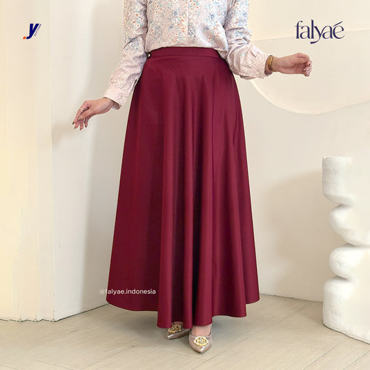 FALYAE - LUNA Rok Wanita Loose Maxi Fuji Skirt Maroon | Rok Kerja Korean Style | Flare Skirt Highwaist