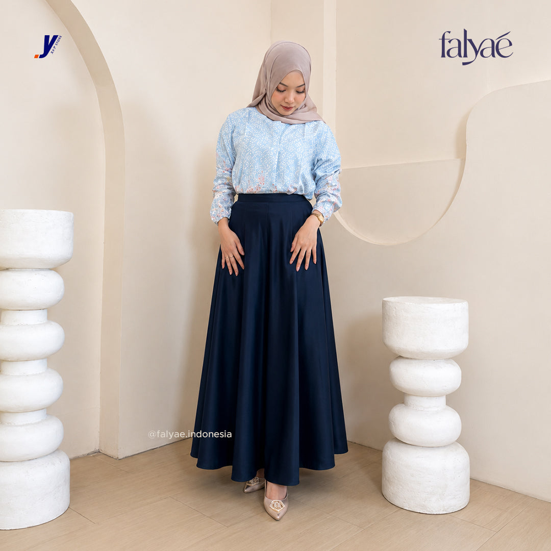 FALYAE - LUNA Rok Wanita Loose Maxi Fuji Skirt Navy | Rok Kerja Korean Style | Flare Skirt Highwaist (Copy) (Copy)
