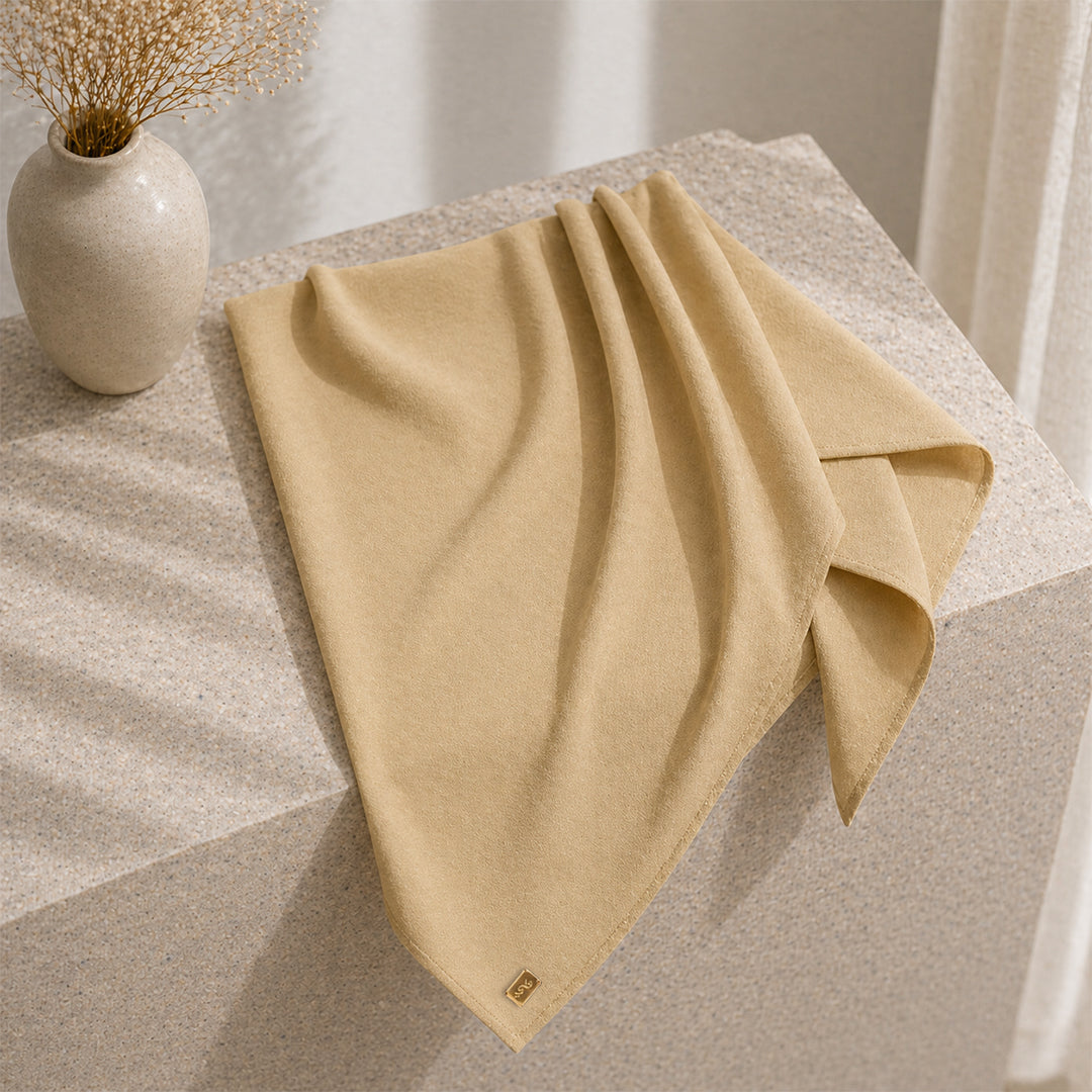 Hijab Square Dark Golden Mustard muslim premium wanita tampak atas — First Hijab Collection Falyae