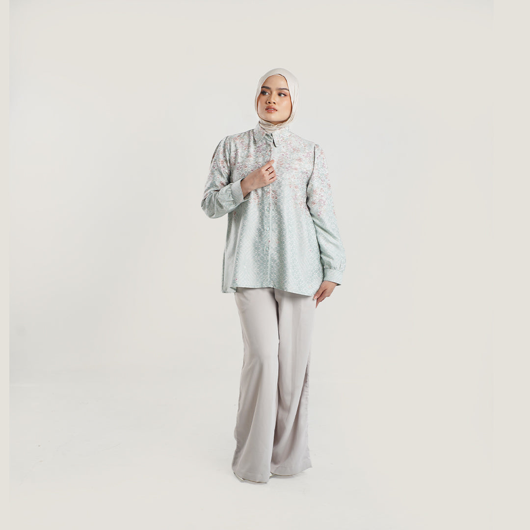 Nuna Shirt kemeja muslim premium wanita Mint Full Badan tampak depan — siluet mengalir First Collection Falyae