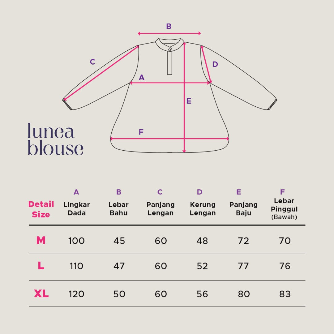 Lunea Blouse Blus Size Chart

poly rayon dobby premium Lunea Blouse Falyae — tekstur dobby weave lembut adem tidak menerawang