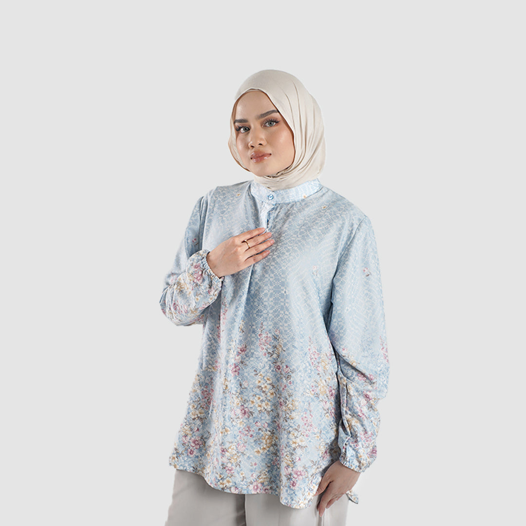 Lunea Blouse blus muslim premium wanita Blue tampak depan — siluet mengalir First Collection Falyae