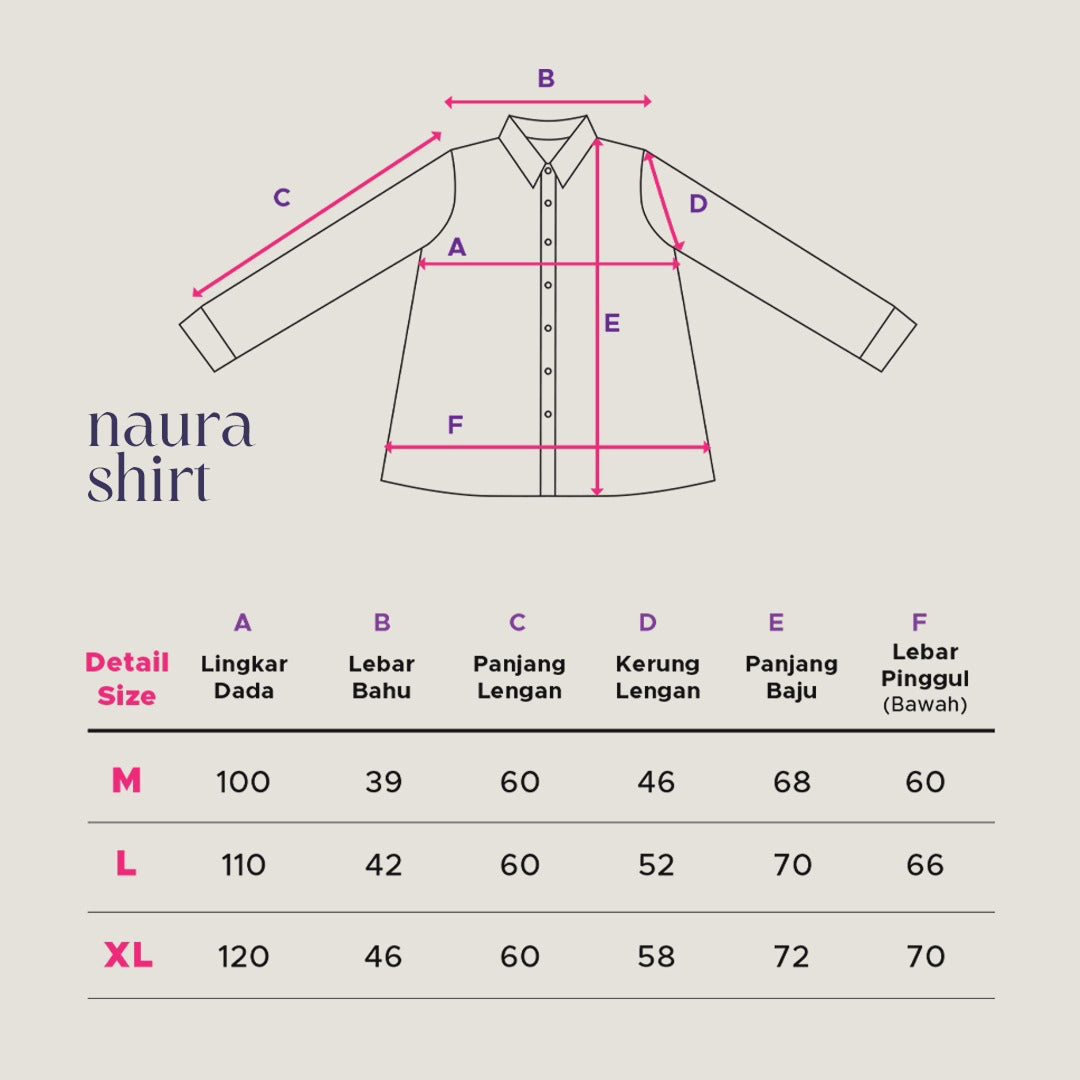 Naura Shirt Kemeja Size Chart

poly rayon dobby premium Naura Shirt Falyae — tekstur dobby weave lembut adem tidak menerawang