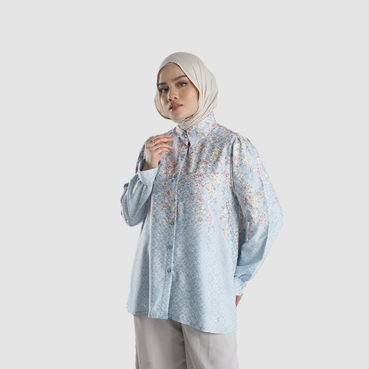 Nuna Shirt kemeja muslim premium wanita Blue tampak depan — siluet mengalir First Collection Falyae