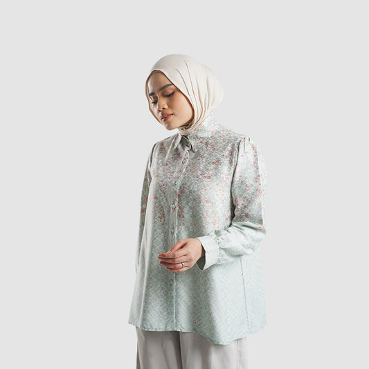 Nuna Shirt kemeja muslim premium wanita Mint tampak depan — siluet mengalir First Collection Falyae