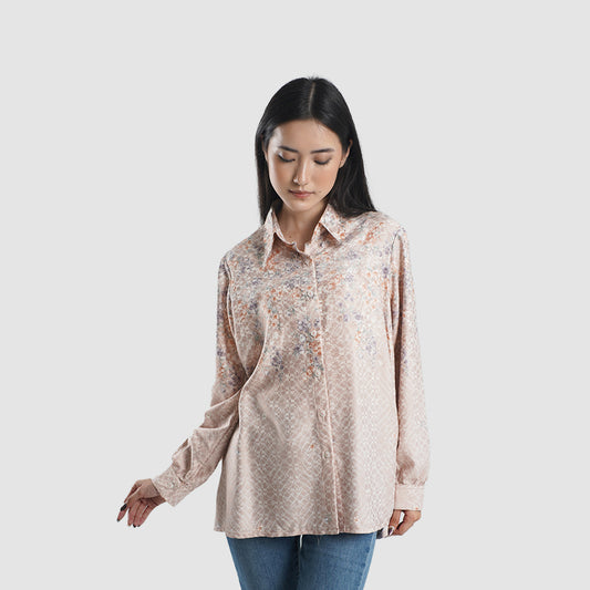 Nuna Shirt kemeja muslim premium wanita Pink tampak depan — siluet mengalir First Collection Falyae