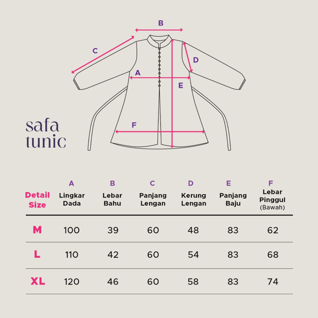 Safa Tunic Tunik Size Chart

poly rayon dobby premium Safa Tunic Falyae — tekstur dobby weave lembut adem tidak menerawang